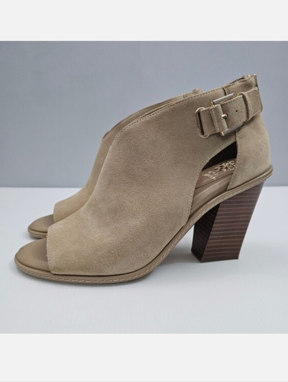 Vince Camuto Fareena Ankle Bootie Womens 11 Tan Leather Peep Toe Block Heel